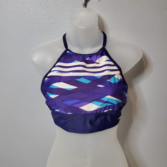Adidas Overlay Blue Striped Swim Crop Top | Triangle Bikini Top, M - Picture 1 of 7